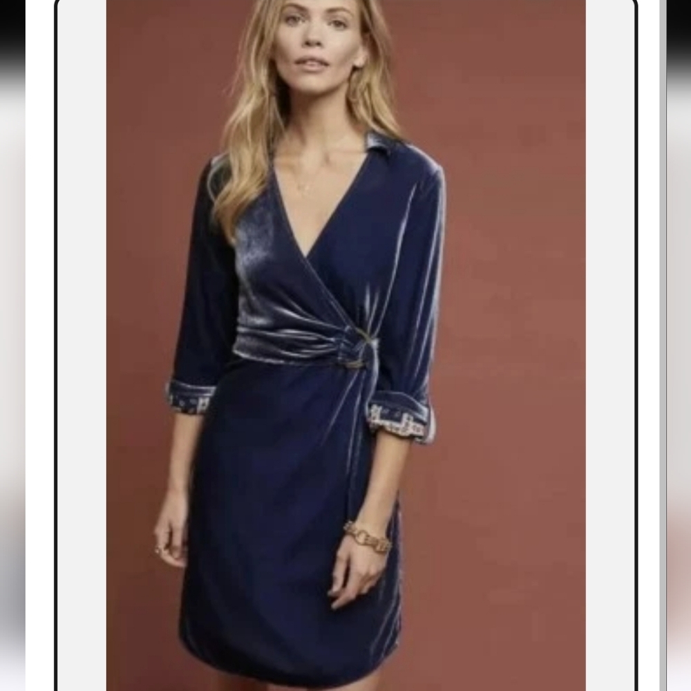 Maeve By Anthropologie Navy Velvet Wrap Dress - 2